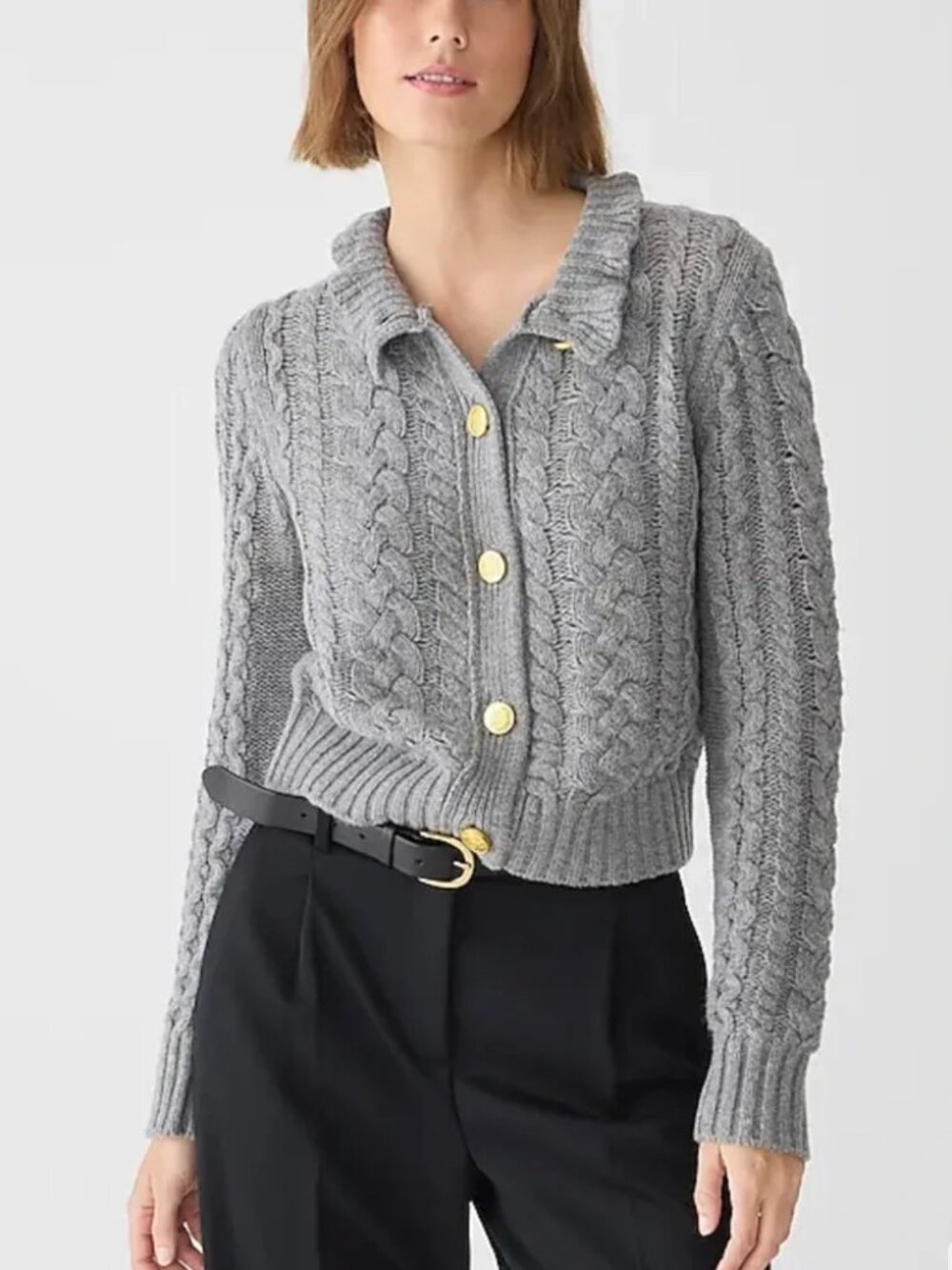 J. Crew Cable Knit Ruffleneck Cardigan Sweater in Heather Ash Size Medium